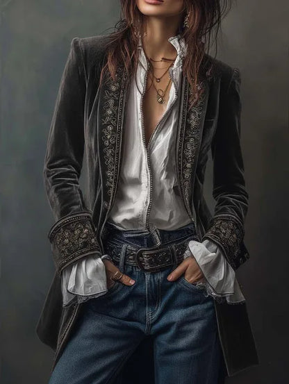 Long Sleeve Women's Outercoat Causal Autumn Winter Elegant Patchwork Velvet Slim Coat Vintage Pattern Print Cardigan Jackets