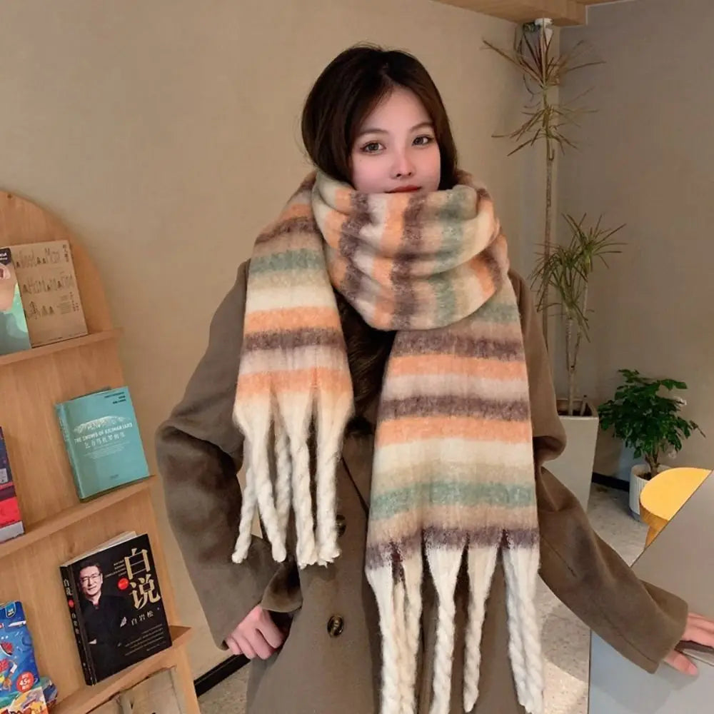 New Warm Winter Cashmere Scarf Stripe Pattern Mohair Long Tassel Scarves Plaid Soft Thickened Shawl Wrap Women | Kimlud...