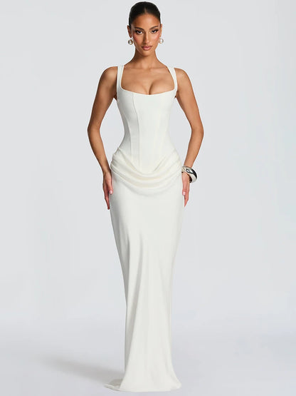 Mozision Elegant Backless Sexy Maxi Dress Women Gown Fashion Square Collar Sleeveless Skinny Ruched Club Party Long...
