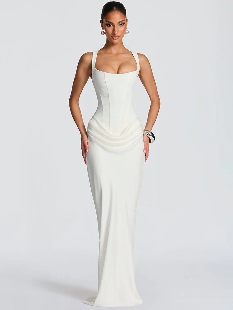 Mozision Elegant Backless Sexy Maxi Dress Women Gown Fashion Square Collar Sleeveless Skinny Ruched Club Party Long...