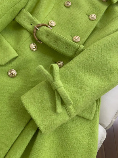 Women Elegant Double Breasted Coat Fashion Turn Down Sashes Collar Slim Fit Sashes Woolen Fabric Winter Lady Long Style Overcoat