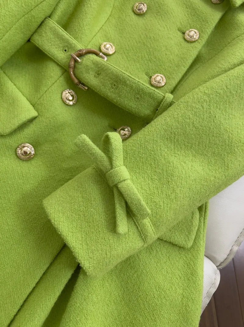 Women Elegant Double Breasted Coat Fashion Turn Down Sashes Collar Slim Fit Sashes Woolen Fabric Winter Lady Long Style Overcoat