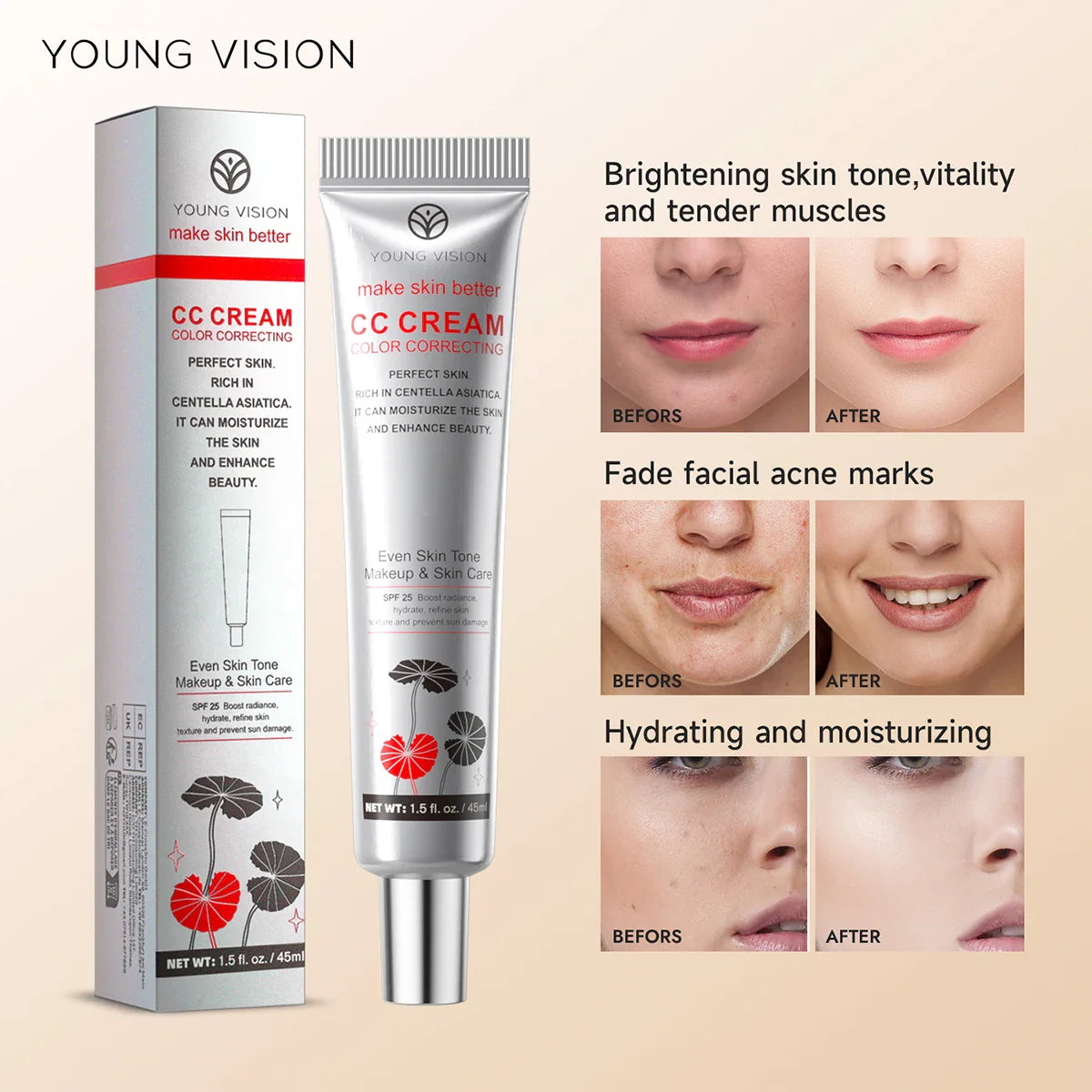 YOUNG VISION 2 Color Brightening CC Cream with Drop Puff for easy use as a makeup base and barrier cream.