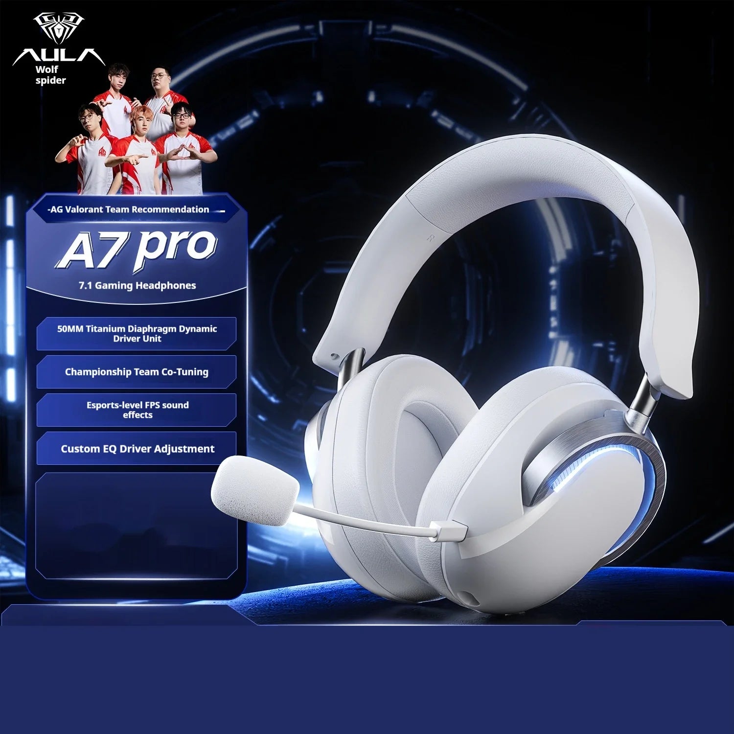 AULA A7Pro Headphone Wireless Bluetooth 2.4g Type-C RGB Gaming Headset Intelligent Noise Reduction Surround 7.1 Sound Effect