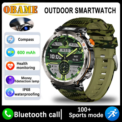 New 5ATM Outdoor Smart Watch Men 600mAh LED Flashlight SmartWatch Compass Bluetooth call Heart rate IP 68 Sports Smartwatch 2025