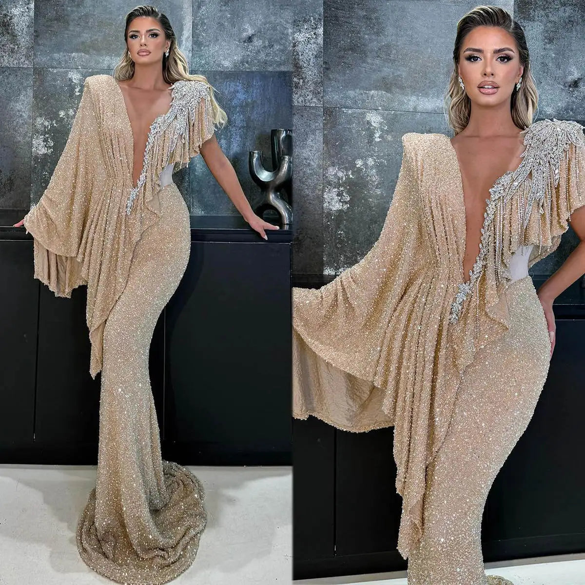 llusion Mermaid Evening Dress For Black Women Sequined V Neck Crystal Beading Prom Gowns Formal Party Second Reception Dresses - Kimlud