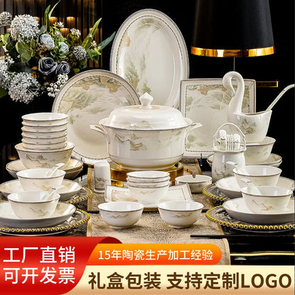 Jingdezhen dish set housewarming tableware set bowl and plate ceramic tableware set light luxury plate bowl | Kimlud...