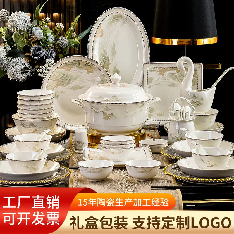Jingdezhen dish set housewarming tableware set bowl and plate ceramic tableware set light luxury plate bowl | Kimlud...