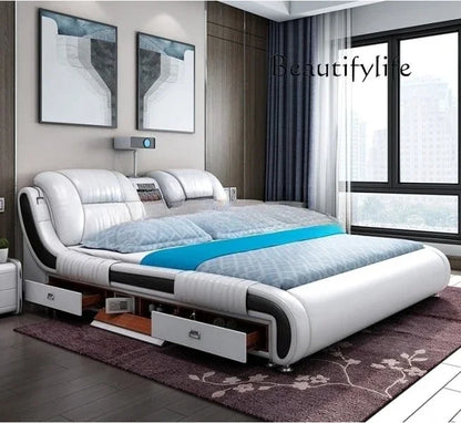 BJ Genuine Leather Bed Multifunctional Beds Ultimate Massage Camas With Bluetooth,Speaker,Safe,Air Cleaner, Projector,Drawers