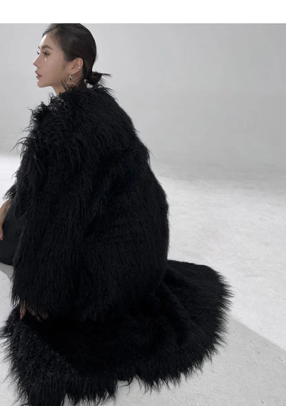 Lautaro Winter Long Black Hairy Shaggy Thick Warm Soft Fluffy Faux Fur Coat Women Sashes Luxury Designer Overcoat Runway Fashion
