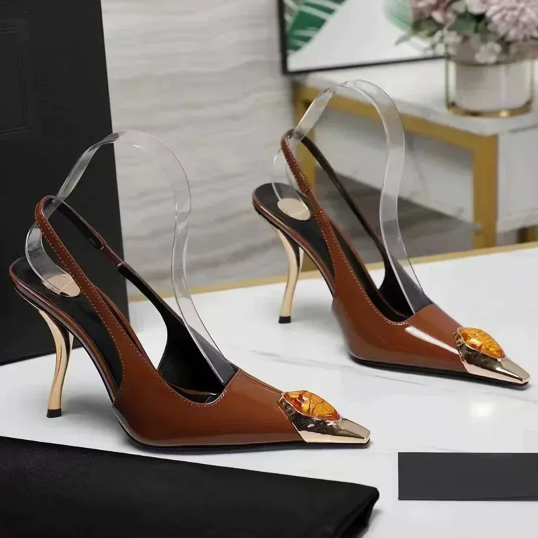 Luxury Metal Jewel Decoration Heels Women 2025 Sexy Pointed Toe Patent Leather Women Pumps Elegant Banquet High Heeled Sandals - Kimlud