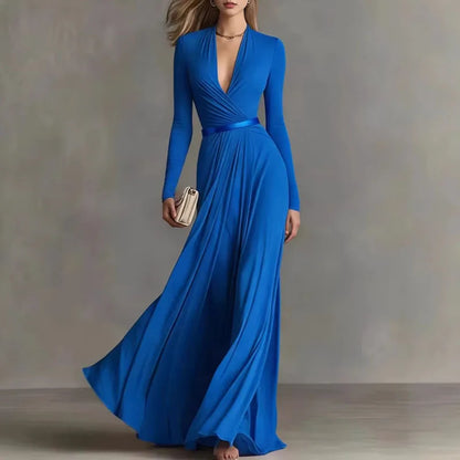 Elegant Sexy Deep V Neck Slim Maxi Dress Women Long Sleeve Ruched Waist Formal Gown Spring Casual Solid Sashes Boho Long Dresses