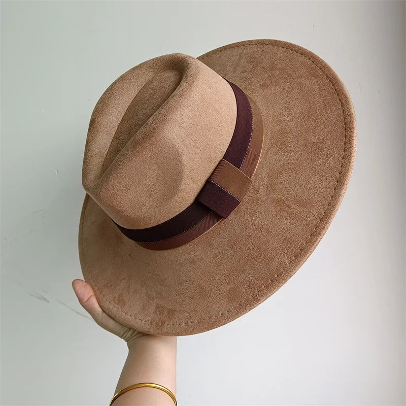 Colorblock Ribbon Colorful Suede Hat Autumn and Winter Women's Felt Hat Wide Brim Hat British Style Retro Men's Gorras Hombre - Kimlud
