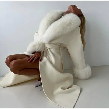 Retro Black Fur Patchwork Woolen Coat Women Chic Full Sleeve V-neck Lace Up Loose Long Overcoat 2025 Lady Winter Commute Outwear