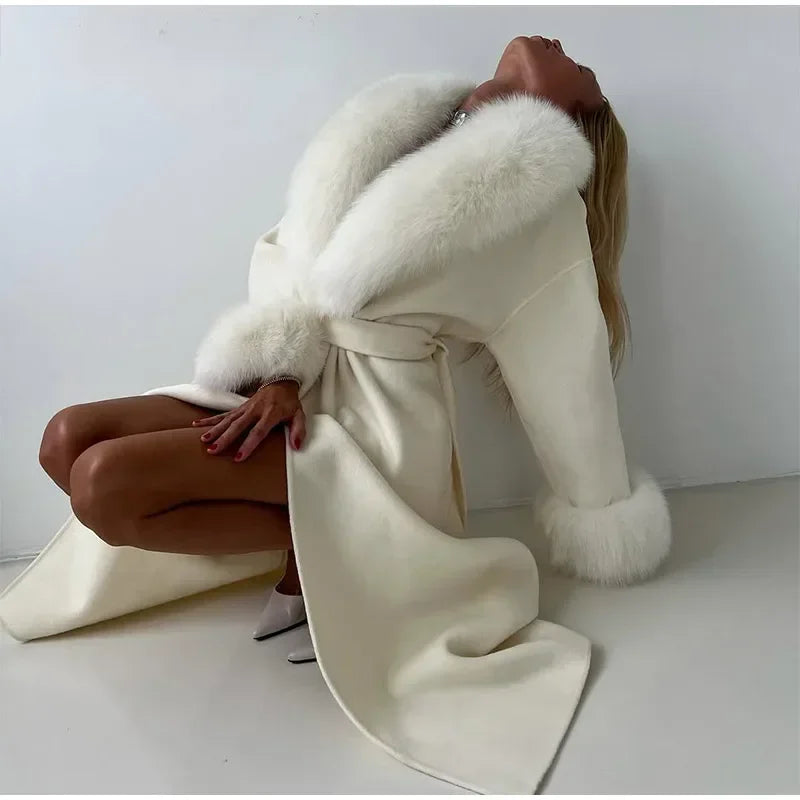 Retro Black Fur Patchwork Woolen Coat Women Chic Full Sleeve V-neck Lace Up Loose Long Overcoat 2025 Lady Winter Commute Outwear