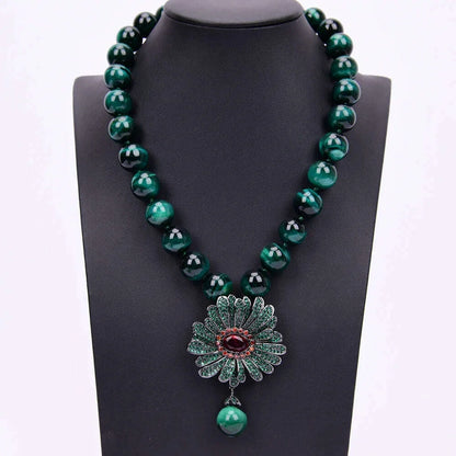 G-G 18" Natural Round Green Tiger Eye Necklace CZ Pave Flower Crystal Pendant Lady Party Gifts