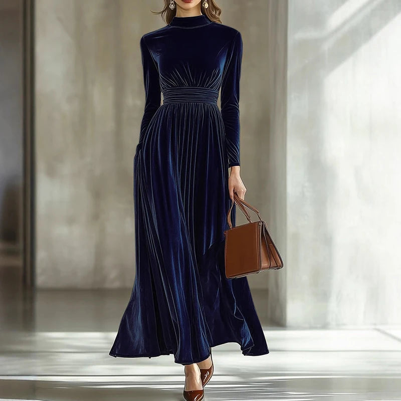 New Autumn Winter Half High Collar Long Sleeve A-Line Maxi Dresses Women Fashion Velvet Party Long Dress Christmas Evening Dress - Kimlud