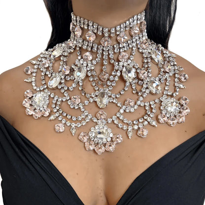 Pink Exaggerated Choker Necklace for Women Wedding Jewelry Gifts Charming Oversize Rhinestone Chunky Choker Chain Drag Queen