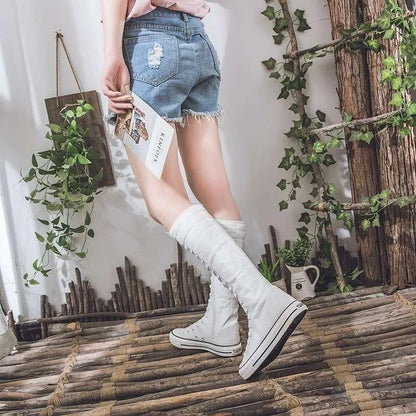 2025 New High Top Canvas Shoes for Women's Korean Edition Long Boot Lace-Up Zipper Comfortable Boot Zapatos De Mujer Tendencia