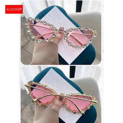 KLASSNUM Luxury Woman Sunglasses Cat-eye Rhinestone Sunglasses 2024 Trendy Party Eyepiece Glitter Metal Frame Color Lens Shades