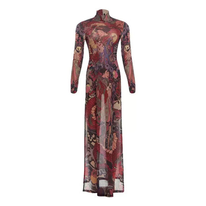 Spring New Women's Long Sve High Collar Plant Print Maxi Top Faionable Individuatic f High Ne Long Open Split Top
