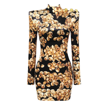 VC Grape Printed Gold Velvet Turtleneck Slim Mini Dress Women Button Design Long Sleeves Celebrity Cocktail Club Party Dress