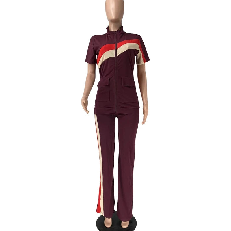 STYLISH LADY Patchwork Sporty 2 Piece Set Women Short Sleeve Zipper Jacket and Pant Suits 2025 Autumn Casual Fitness...