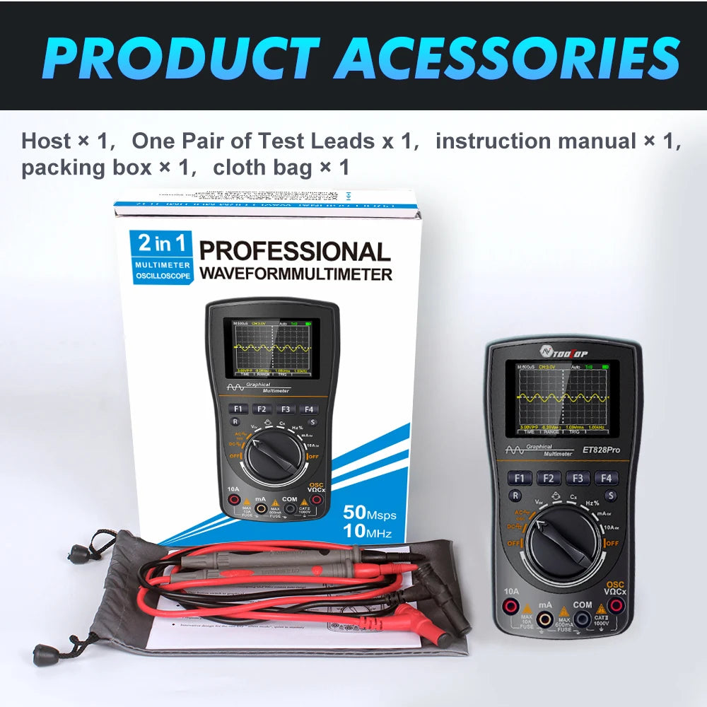 TOOLTOP ET828Pro 10MHz 50Mps/s Handheld Oscilloscope 6000 Counts True RMS Multimeter Voltmeter Ammeter Automotive Oscilloscope