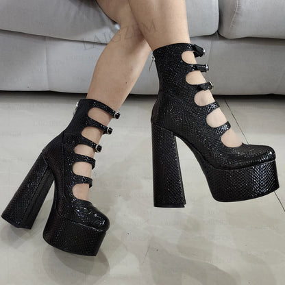 DOHBANER Women Pumps Round Toe Back Zip Block Chunky Heels Buckle Straps Sandals Cosplay Party Shoes Woman Big Size 39 40 45 47 - Kimlud