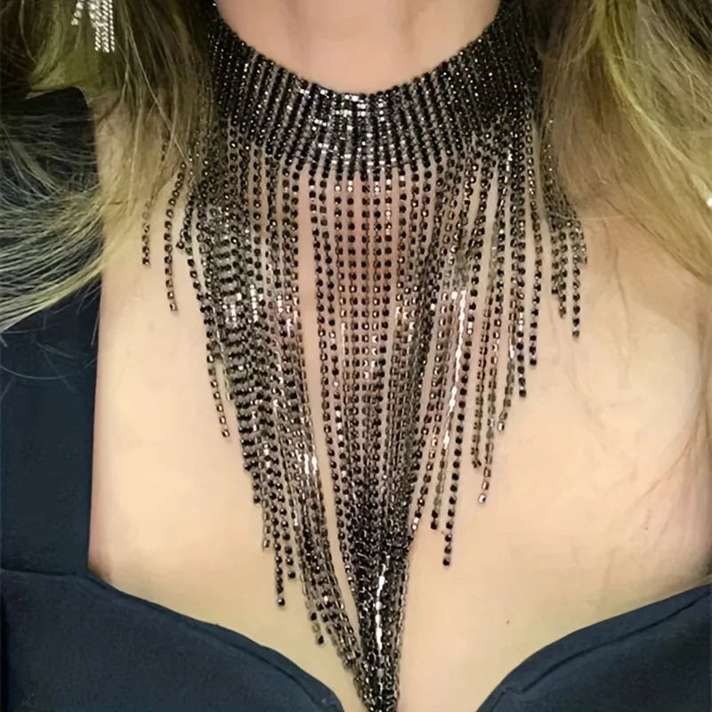 Fashionable and elegant women's long tassel necklace luxurious rhinestone necklace jewelry party evening dress accessories neckl