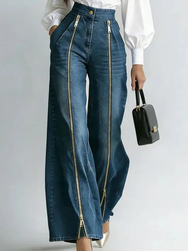 SHENGPALAE Women Denim Jeans High Waist Wide Leg Double Zipper Spliced Split Hem Vintage Streetwear Chic Autumn 2026 New...