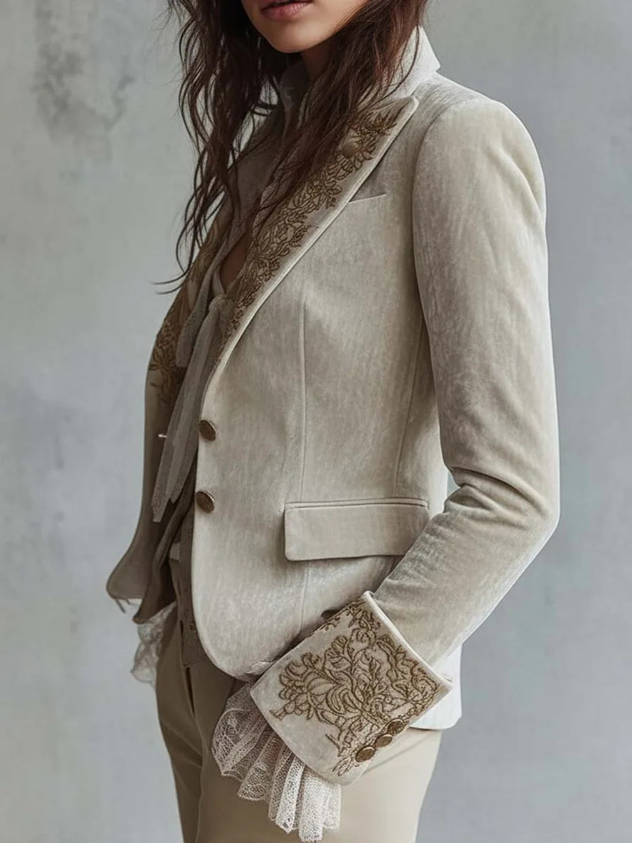 Gold Velvet Long Sleeve Suit with Pockets for Women Floral Print Bell Sleeve Street Style Casual Set No Taggings Universal Fit