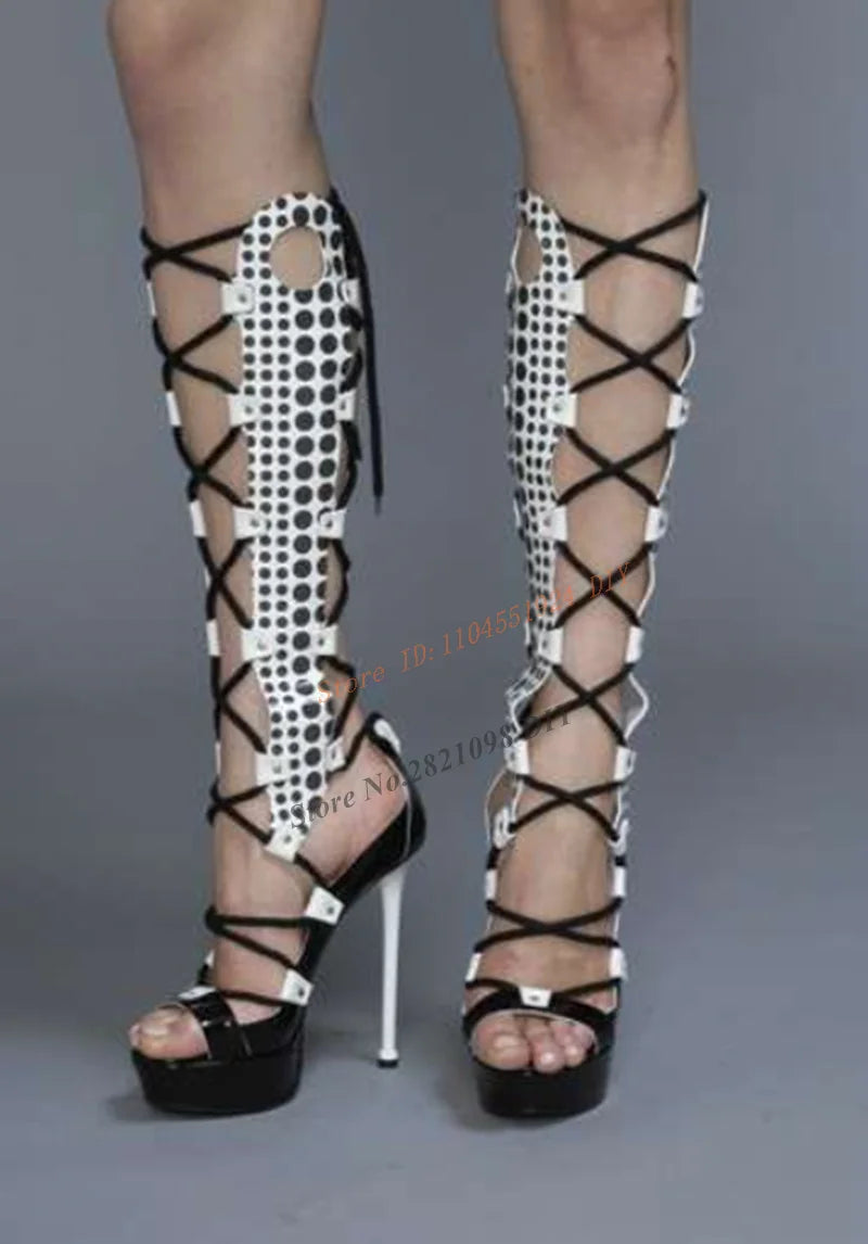 Strappy Polka Dot Thick Platform Thin High Heel Sandals Women Sexy Cross Tied Lace Up Mixed Colors Women Summer Knee...