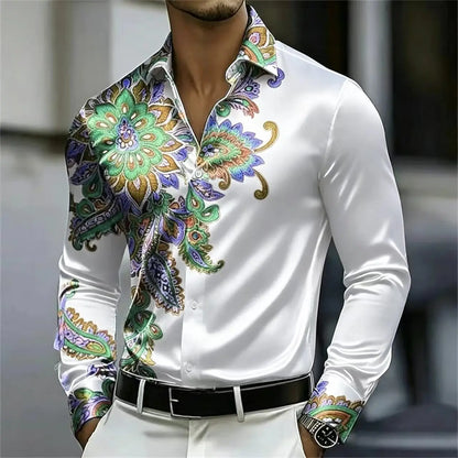 Men's Satin Paisley Printed Shirt Luxury Glossy Long Sleeve Casual Button Down Dress Shirts Nightclub Party Wear