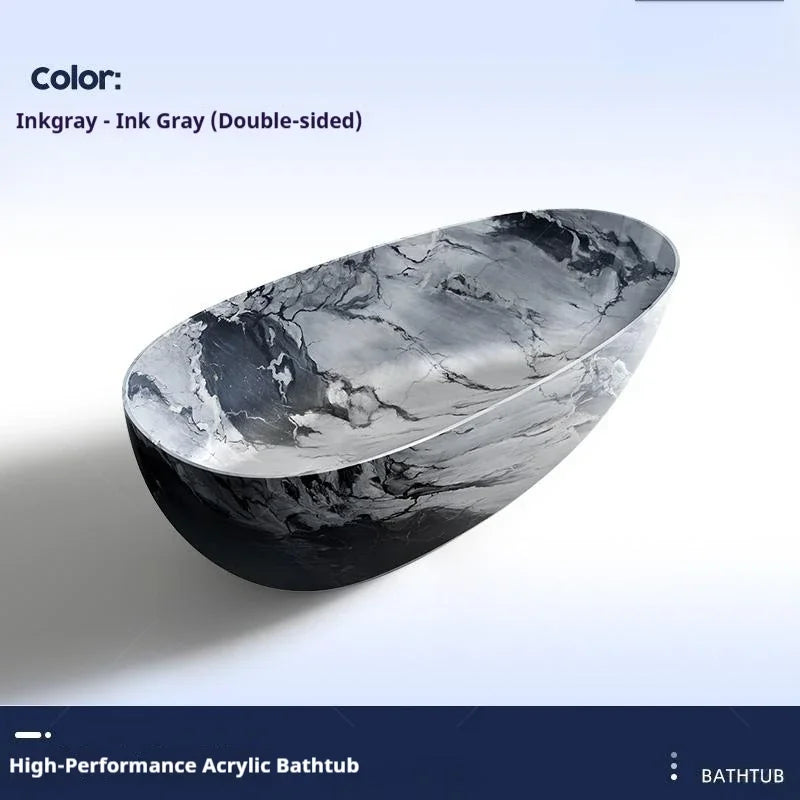 Luxury marble-patterned freestanding bathtub, oval-shaped artificial stone soaking tub, suitable for hotels and villas.