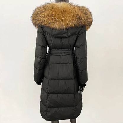 CXFS New Real Raccoon Fox Fur Collar Hooded Natural Long Winter Jacket Women 90 White Duck Down Coat Thick Warm Casual Outerwear