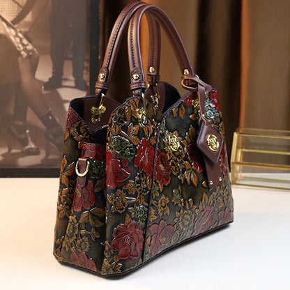 Light Luxury PU Leather Tote Bag Large Capacity Crossbody Women Bag Fashion Vintage Flower Pattern Purse and Handbag - Kimlud
