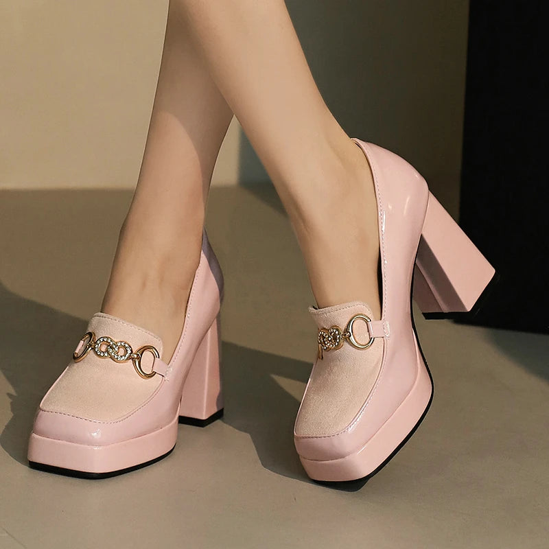 Extra Big Size 49 50 Bright Yellow Metal Crystal Chain Woman's Pumps Spring Fall Shoes Slip-on Loafers Platform Block High Heels