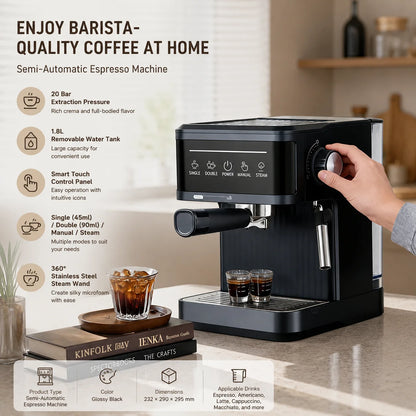 20 Bar Espresso Machine Smart Touchscreen 360° Steam Wand Cup Warmer Single Double Shot 1.8L Black | Kimlud Luxury Monitor