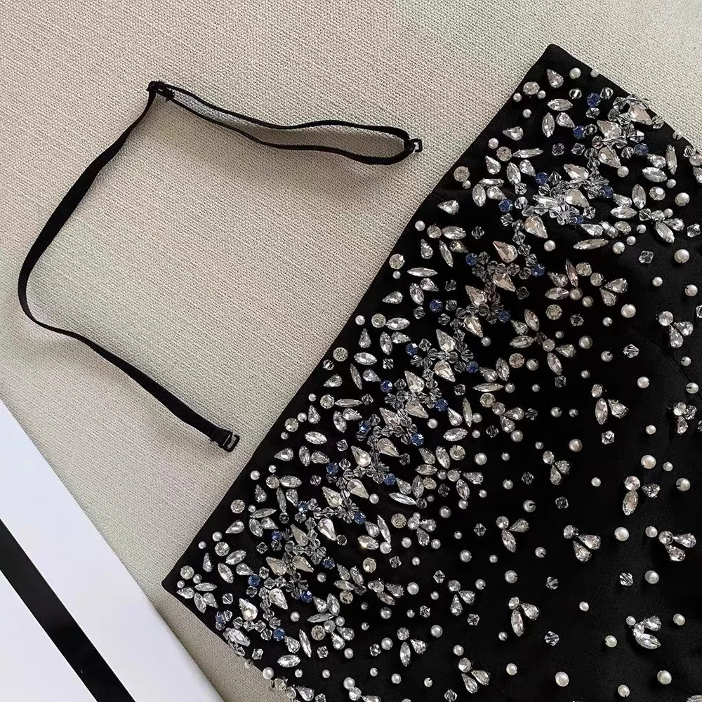 Spring Women Sleeveless Slash Neck Mini Dress New Luxury Diamonds Chest Wrapping Dresses Summer High Waist Backless A-line Dress