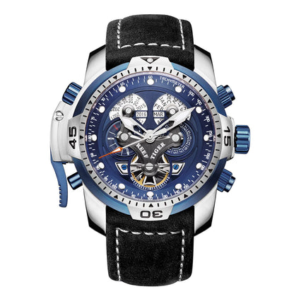 Reef Tiger Men's 46mm Automatic Mechanical Watch with Luminous Hands/Markers, Sapphire Crystal, and Year/Month/Day/Date Display