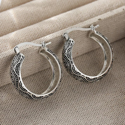 Exotic Style Carving Pattern Hoop Earrings Classic Silver Plated Bohemian Style Women's Earrings Fashion Jewelry...
