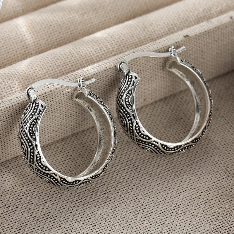 Exotic Style Carving Pattern Hoop Earrings Classic Silver Plated Bohemian Style Women's Earrings Fashion Jewelry...