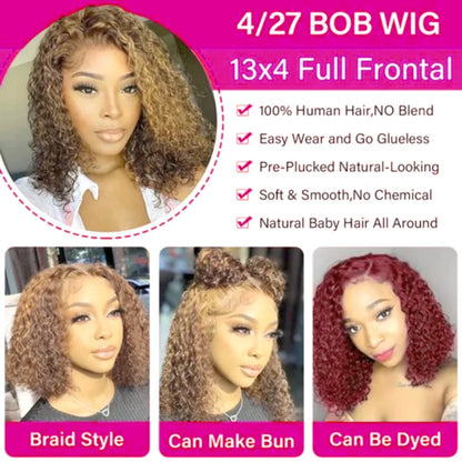 Deep Culry Highlight 4/27 Color 100% Human Hair 16Inch Bob Wigs 13x4 HD Lace Frontal Bob Human Hair Wig 200%Density Remy...