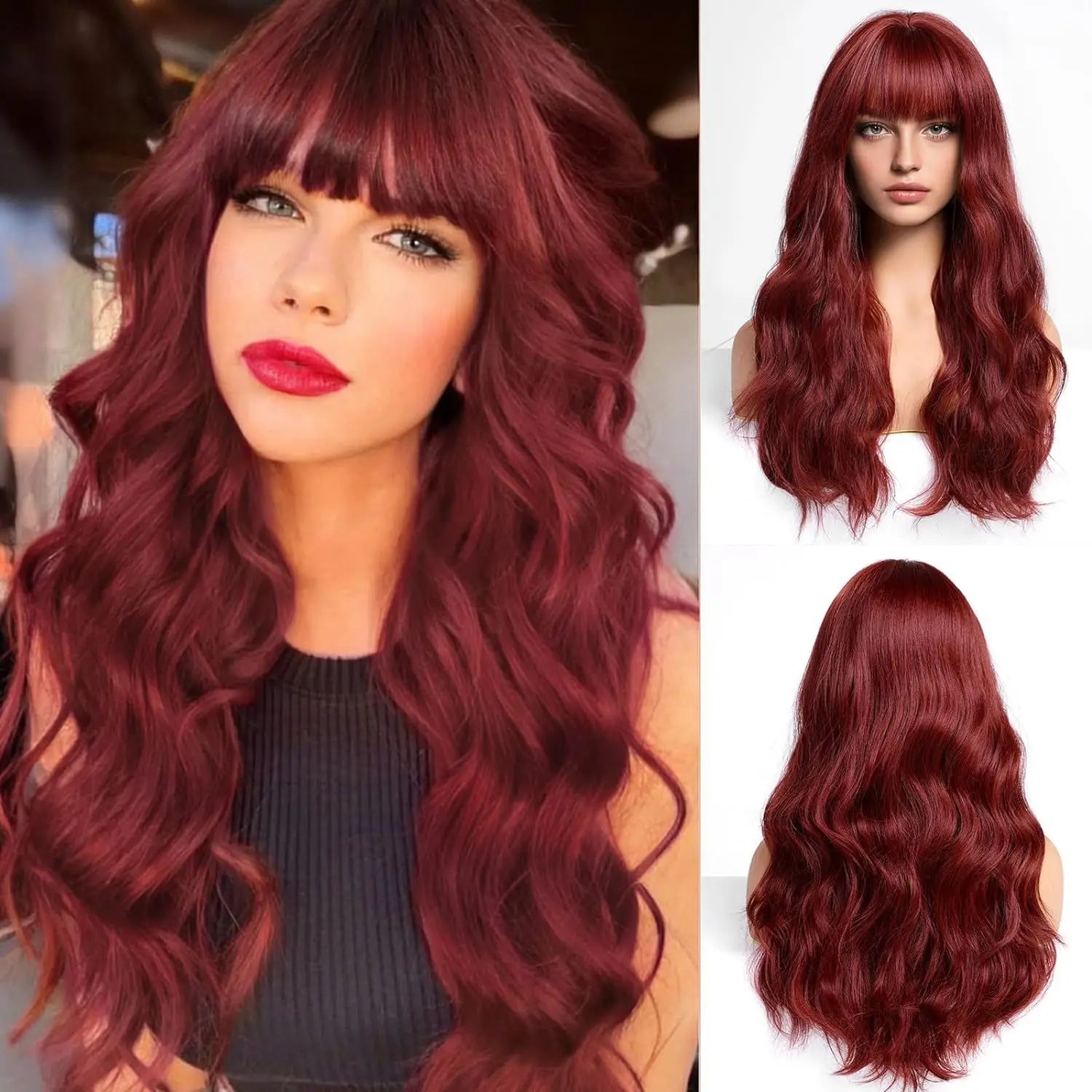 Women's fashion synthetic fiber head set orange wine red bangs long curly hair water ripple high temperature silk wig head set