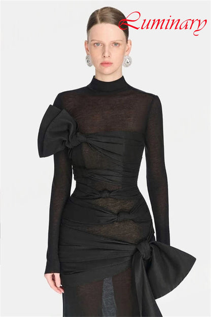 Customized Simple Chiffon Bow Evening Dress Exquisite High Collar Prom Dresses Temperament Long Sleeves Special Occasion Gowns