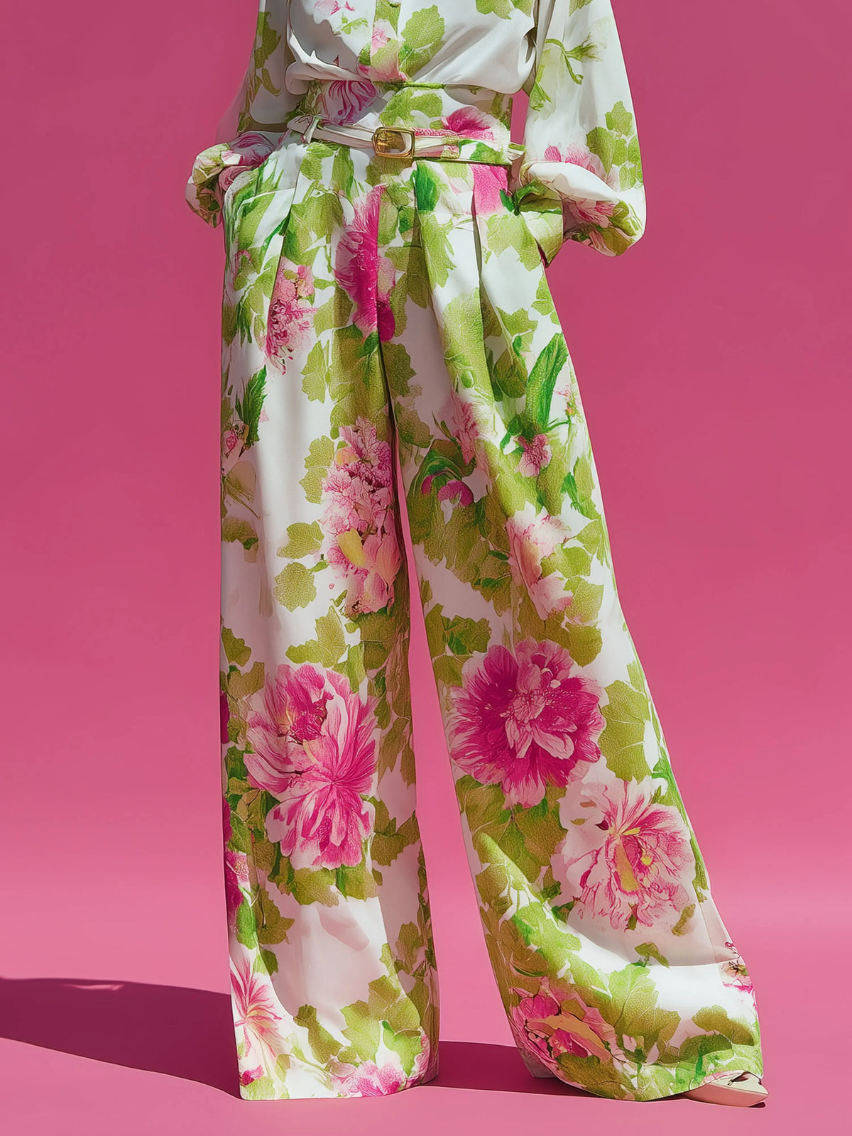Elegant Women Flower Print Two Piece Set Vintage Long Sleeve Lapel Button Shirts+Loose Wide Leg Pants Sets Casual Holiday Suit
