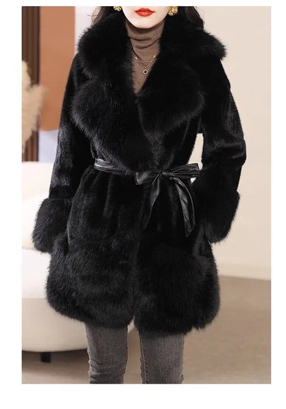 Elegant Simplistic Women's Faux Fur Mink Coat Eco-Friendly Long Sleeve Mid-Length Fashionable Winter Outerwear Coat