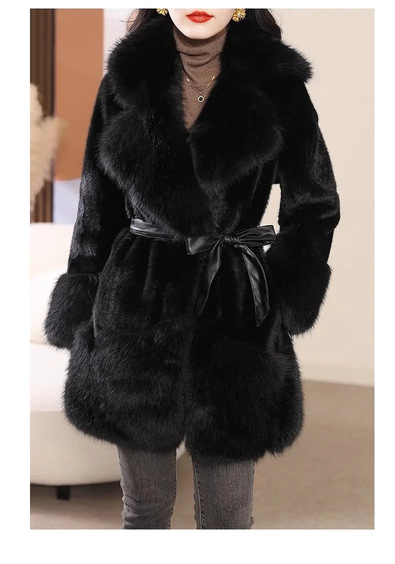 Elegant Simplistic Women's Faux Fur Mink Coat Eco-Friendly Long Sleeve Mid-Length Fashionable Winter Outerwear Coat