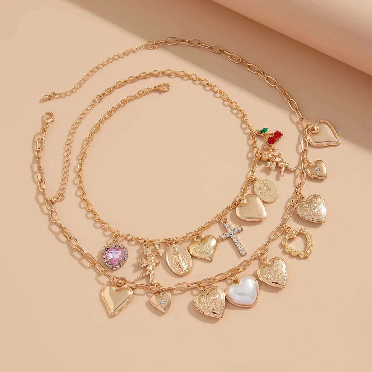 Ingemark 2Pcs/Set Punk Classic Metal Chain Necklace for Women Vintage Love Heart Rhinestone Cross Pendant New Year Jewelry Gift